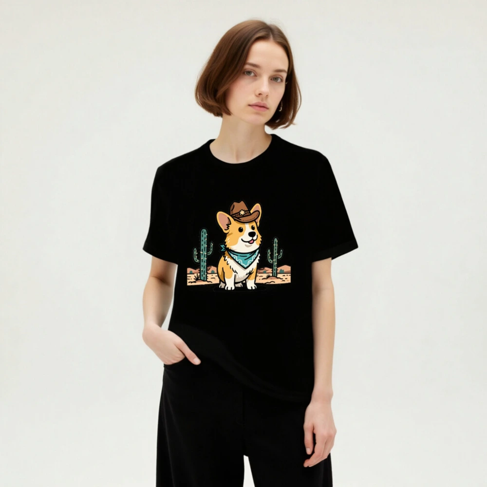 Unisex Cowboy Corgi T-Shirt - Black Short Sleeve Tee with Desert Bandana Design - Image 5