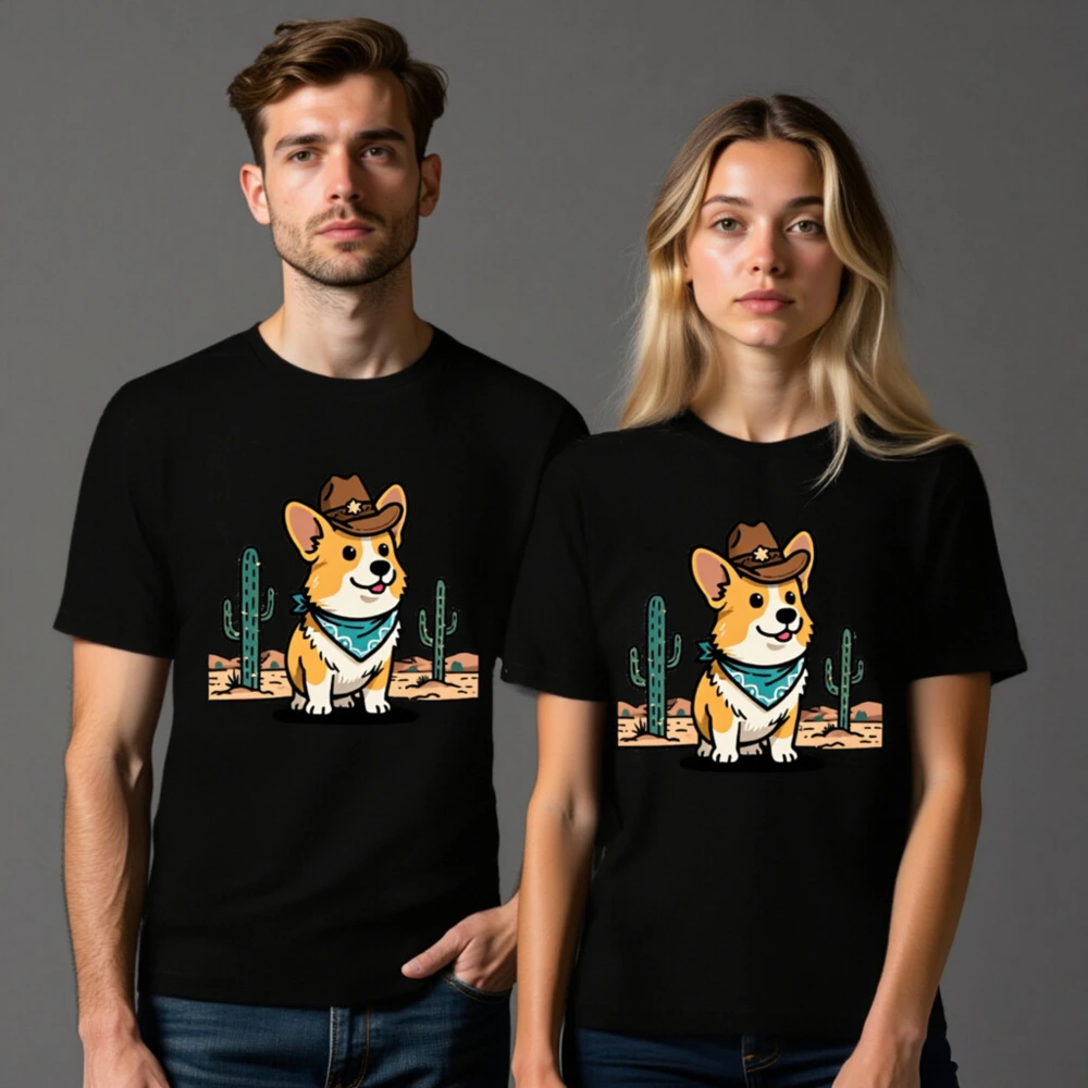 Unisex Cowboy Corgi T-Shirt - Black Short Sleeve Tee with Desert Bandana Design - Image 8