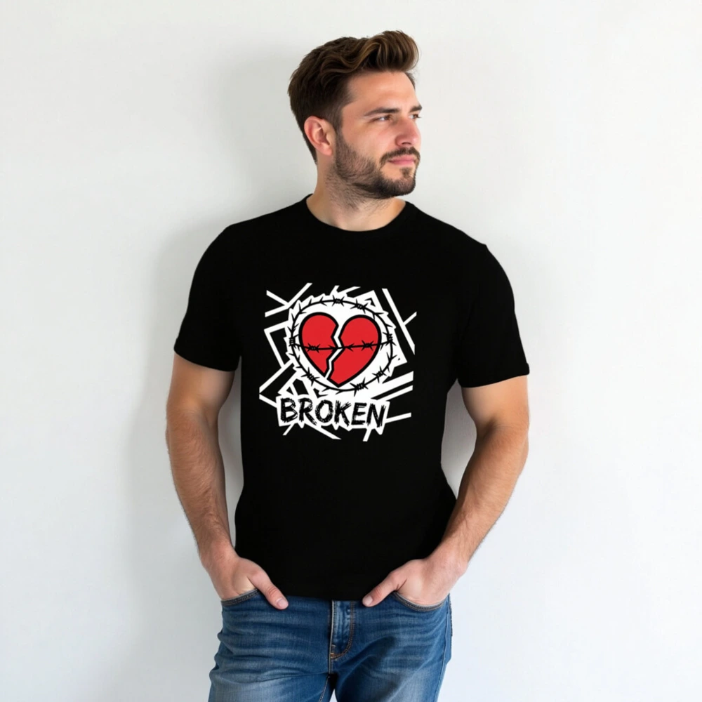 Unisex Staple T-Shirt - Broken Heart Barbed Wire Design, Black Classic Fit - Image 3