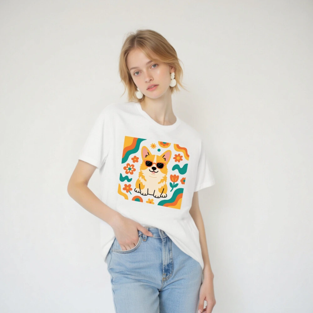 Unisex Corgi Sunnies T-Shirt | Vibrant Floral Design, Comfort Fit - Image 2
