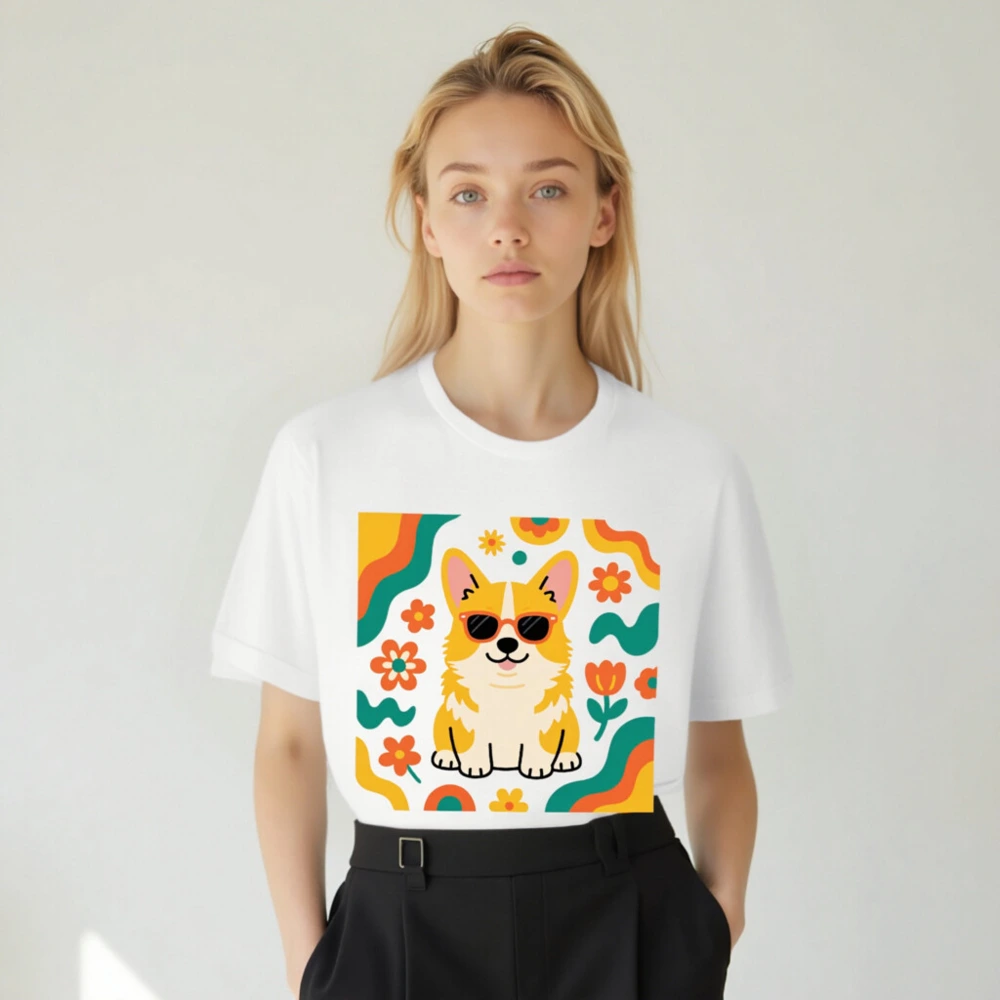 Unisex Corgi Sunnies T-Shirt | Vibrant Floral Design, Comfort Fit - Image 4