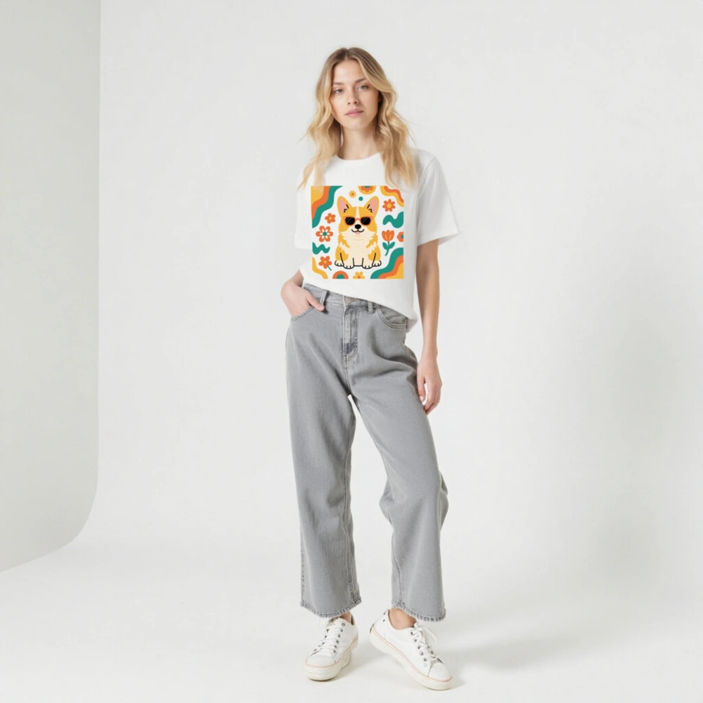 Unisex Corgi Sunnies T-Shirt | Vibrant Floral Design, Comfort Fit - Image 5