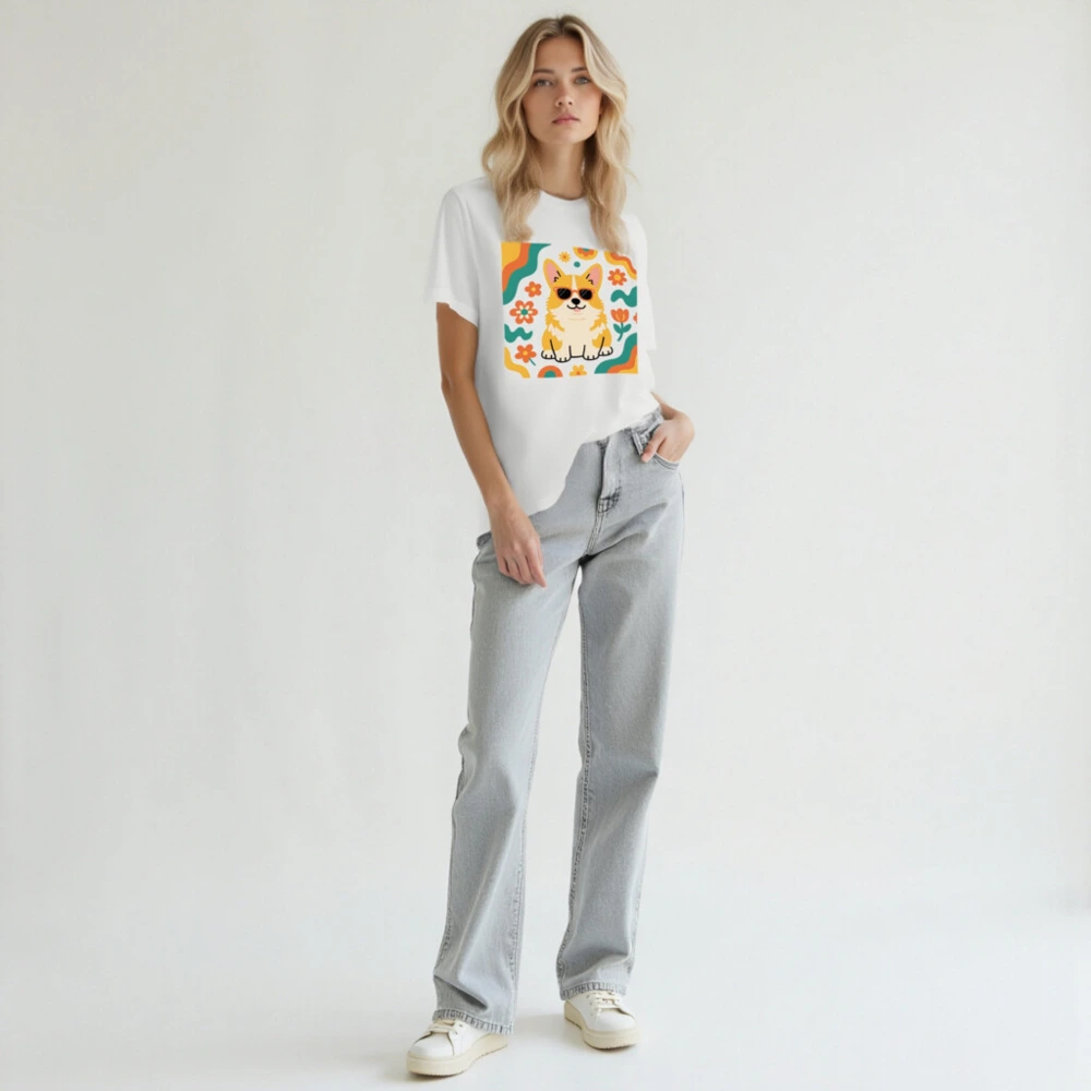 Unisex Corgi Sunnies T-Shirt | Vibrant Floral Design, Comfort Fit - Image 6