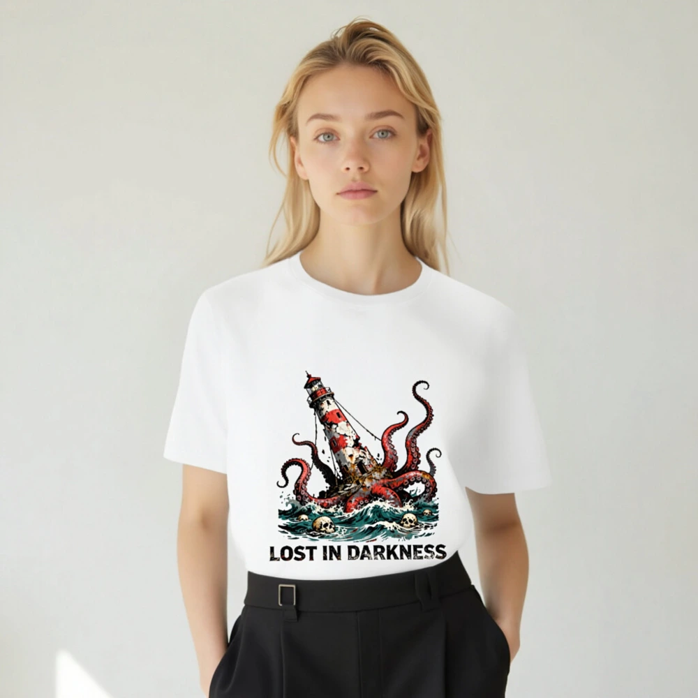 Unisex Staple T-Shirt: Octopus Attacks Lighthouse - Lost in Darkness - Image 4