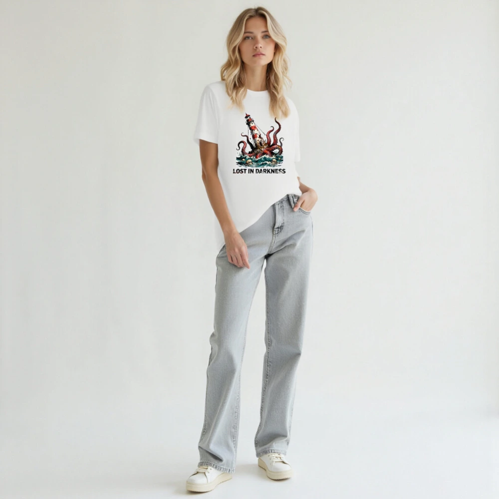 Unisex Staple T-Shirt: Octopus Attacks Lighthouse - Lost in Darkness - Image 6