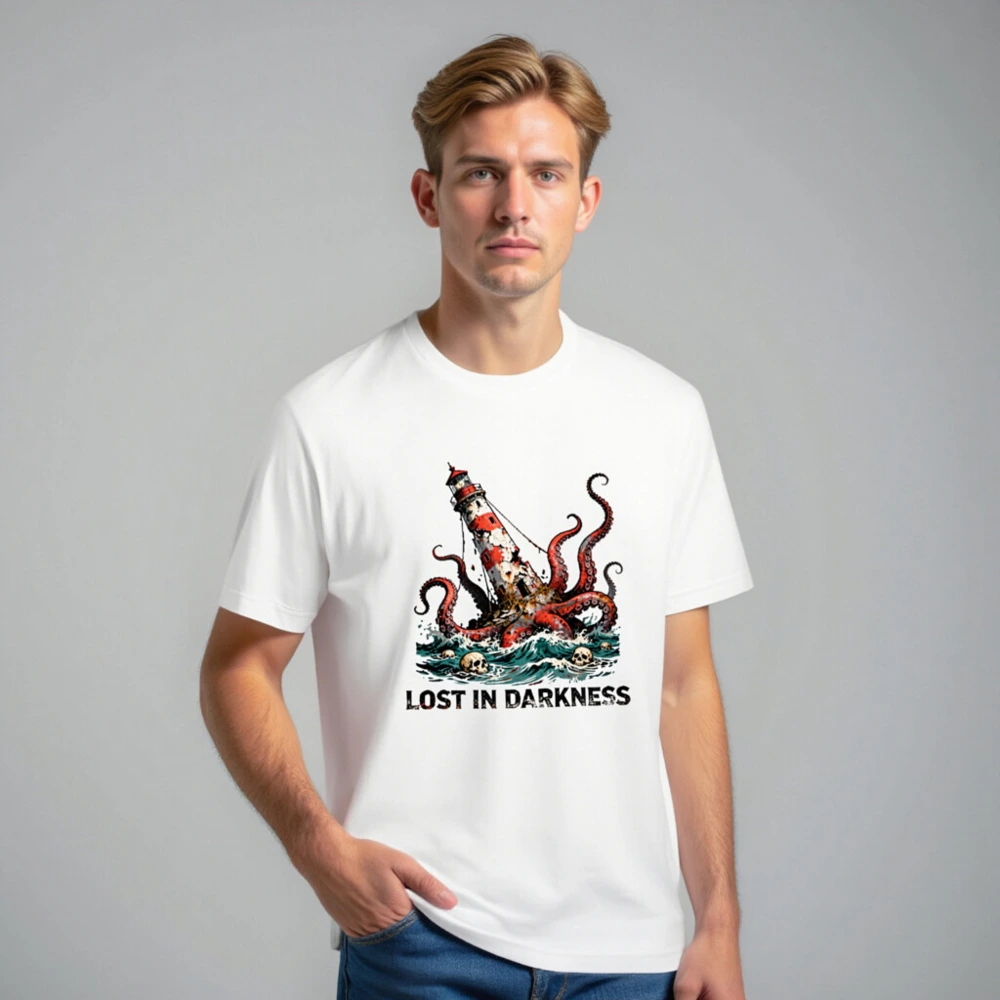 Unisex Staple T-Shirt: Octopus Attacks Lighthouse - Lost in Darkness - Image 7