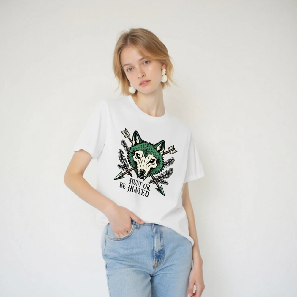 Unisex Green Wolf T-Shirt - Hunt or Be Hunted Graphic Tee - Image 2