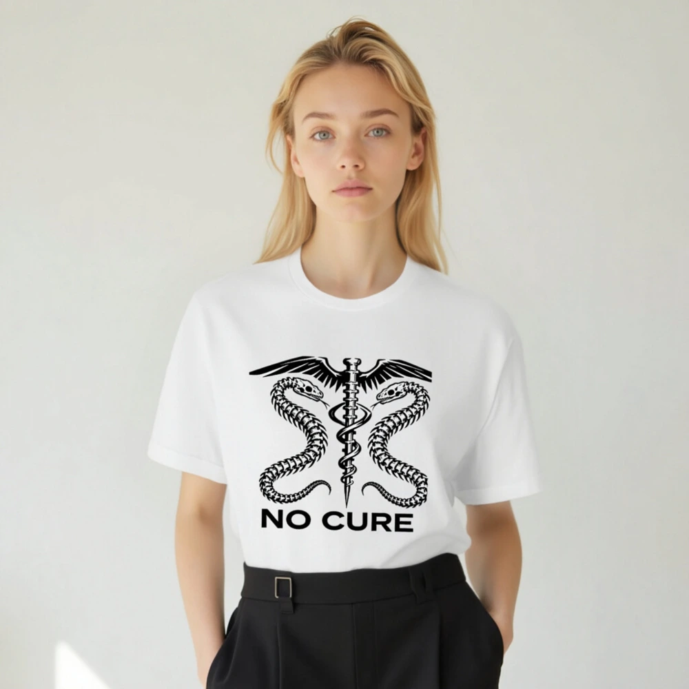 No Cure Caduceus T-Shirt – Unisex Staple Tee with Medical Symbol & Snakes - Image 4
