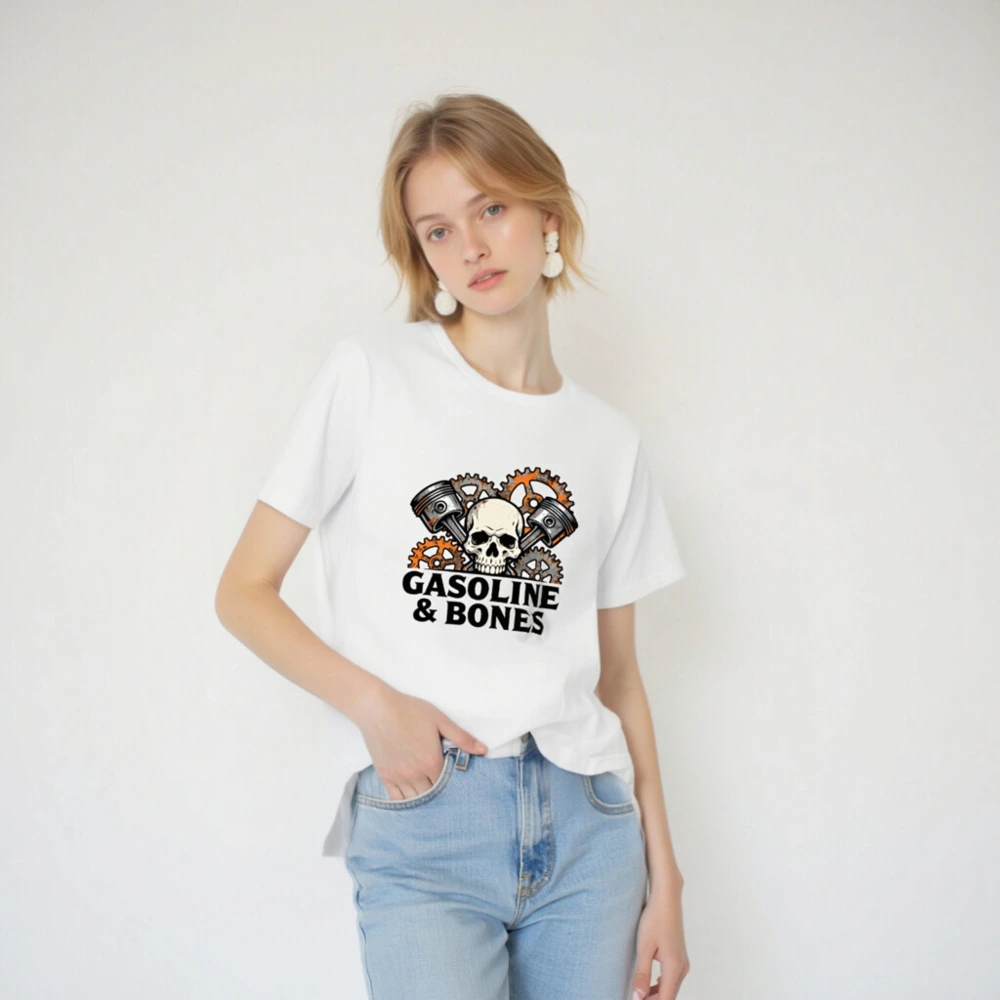 Gasoline & Bones Unisex T-Shirt - Skull, Pistons & Gears Design - Image 2