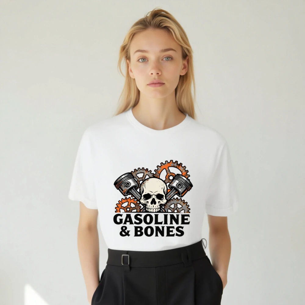 Gasoline & Bones Unisex T-Shirt - Skull, Pistons & Gears Design - Image 4