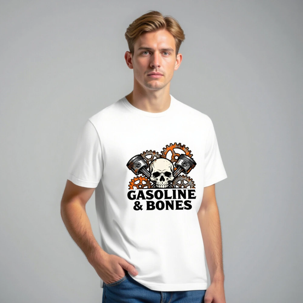 Gasoline & Bones Unisex T-Shirt - Skull, Pistons & Gears Design - Image 7