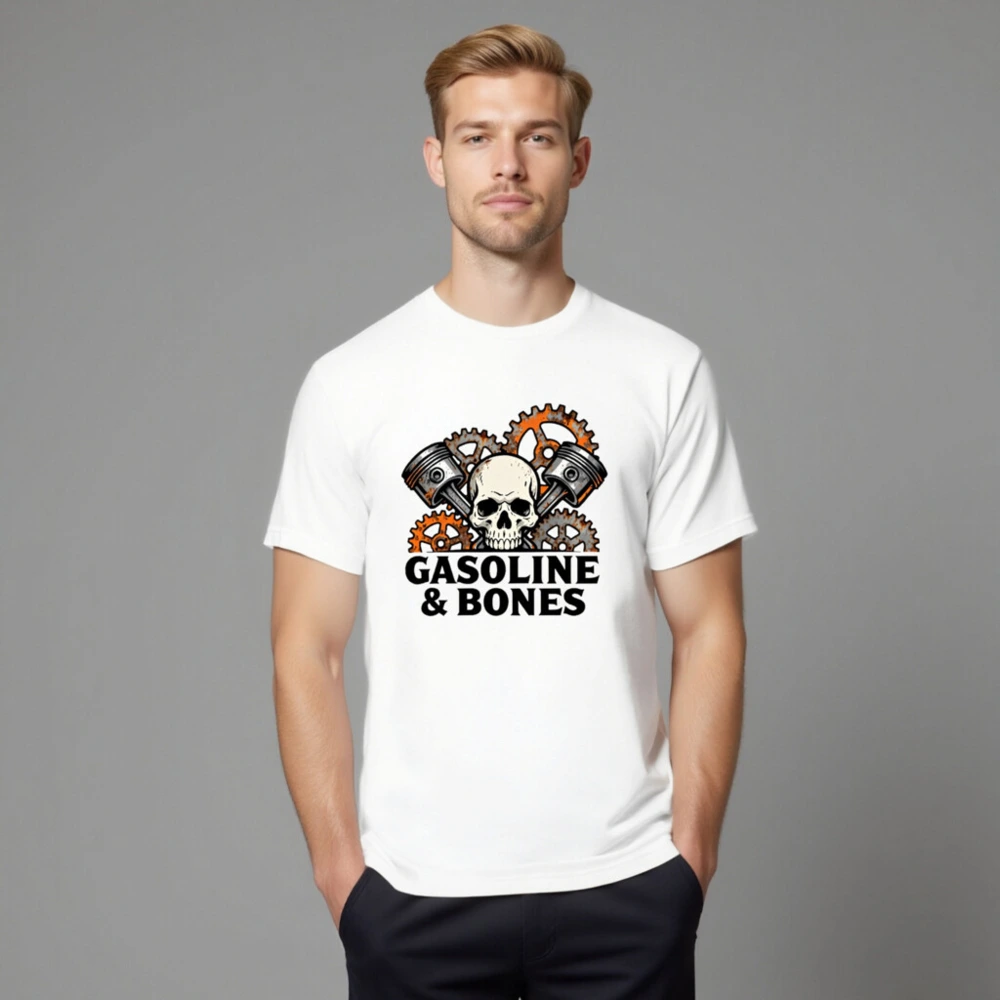 Gasoline & Bones Unisex T-Shirt - Skull, Pistons & Gears Design - Image 8