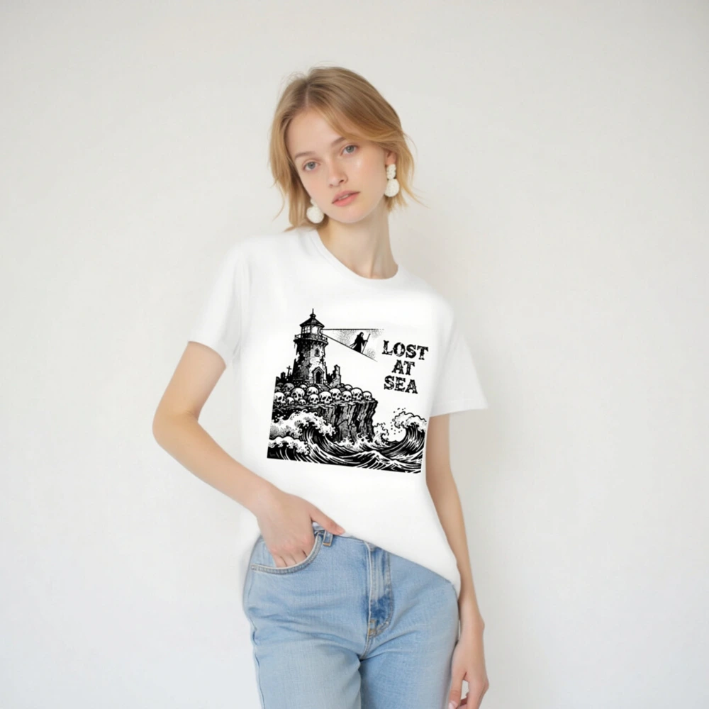 Lost at Sea Unisex T-Shirt | Lighthouse & Skulls Vintage Nautical Design - Image 2