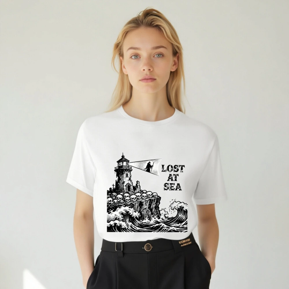 Lost at Sea Unisex T-Shirt | Lighthouse & Skulls Vintage Nautical Design - Image 4