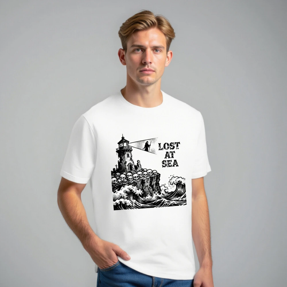 Lost at Sea Unisex T-Shirt | Lighthouse & Skulls Vintage Nautical Design - Image 7