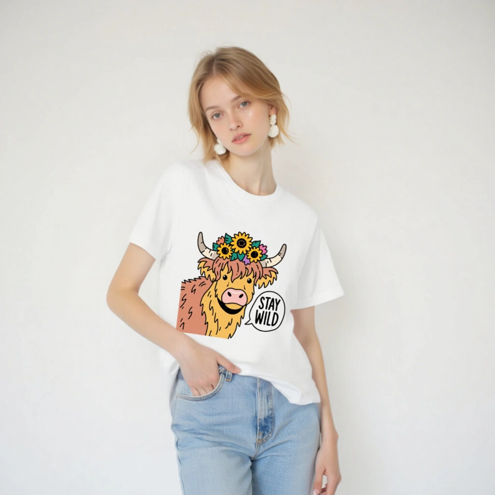 Unisex Highland Cow T-Shirt - Stay Wild Flower Crown Graphic Tee - Image 2