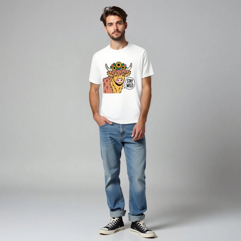 Unisex Highland Cow T-Shirt - Stay Wild Flower Crown Graphic Tee - Image 3