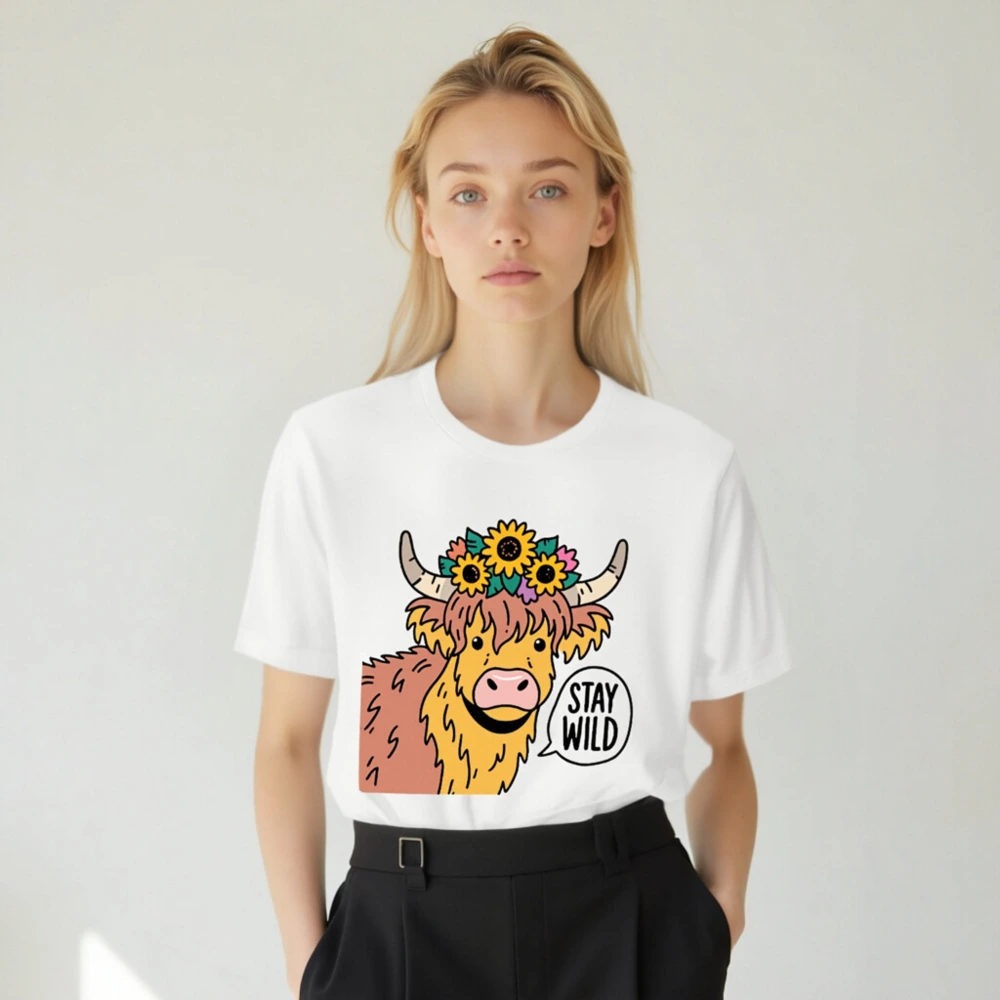 Unisex Highland Cow T-Shirt - Stay Wild Flower Crown Graphic Tee - Image 4