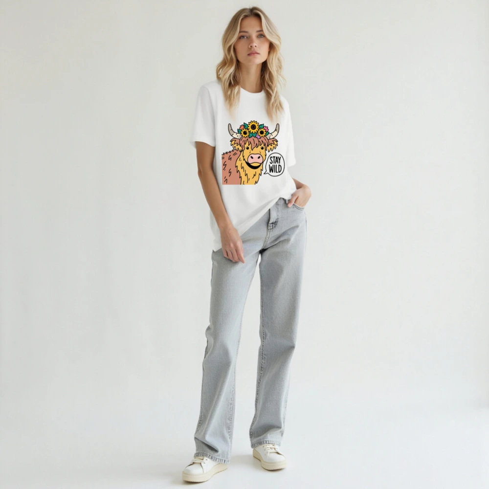 Unisex Highland Cow T-Shirt - Stay Wild Flower Crown Graphic Tee - Image 6