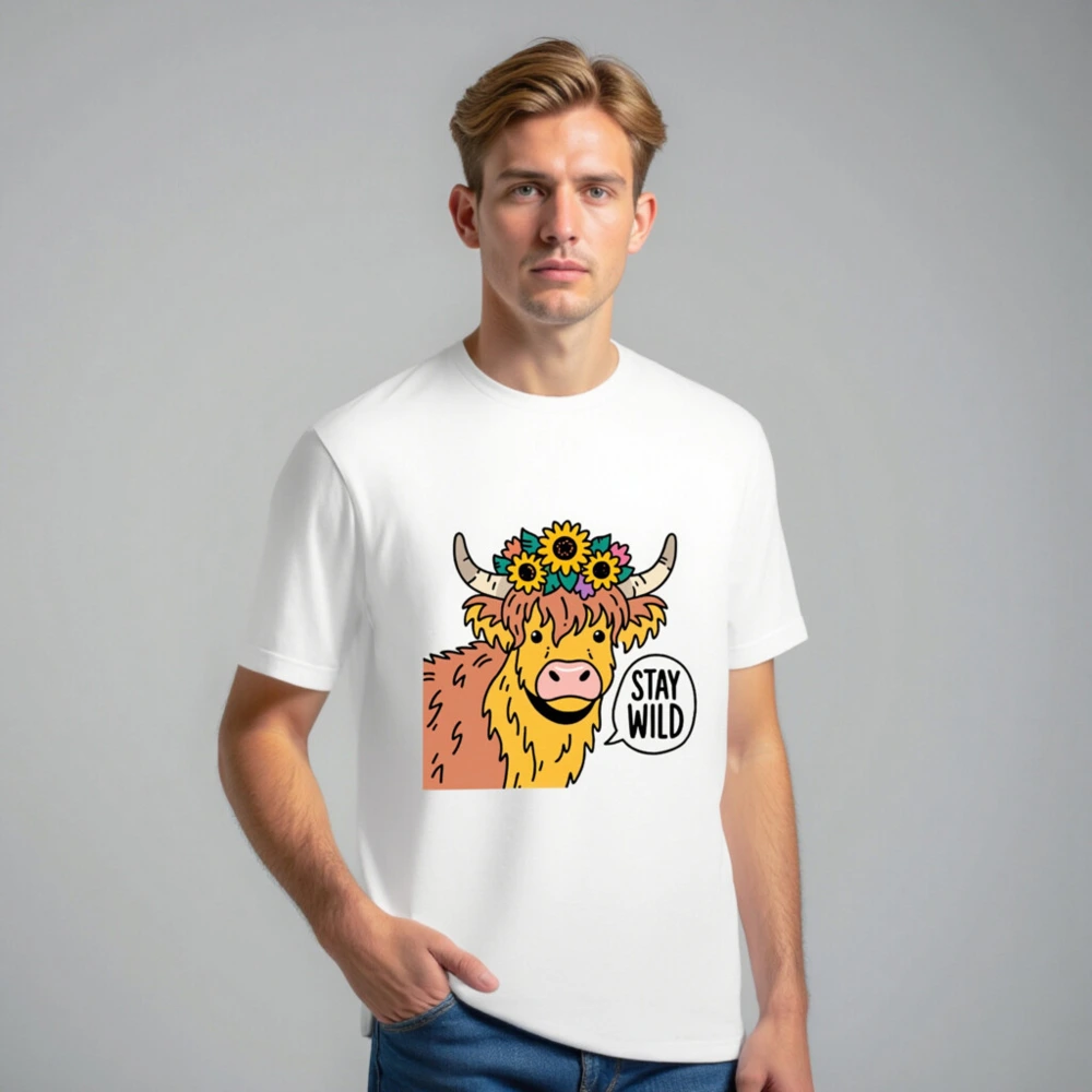 Unisex Highland Cow T-Shirt - Stay Wild Flower Crown Graphic Tee - Image 7