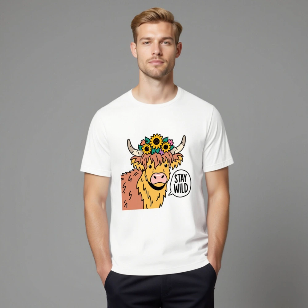 Unisex Highland Cow T-Shirt - Stay Wild Flower Crown Graphic Tee - Image 8