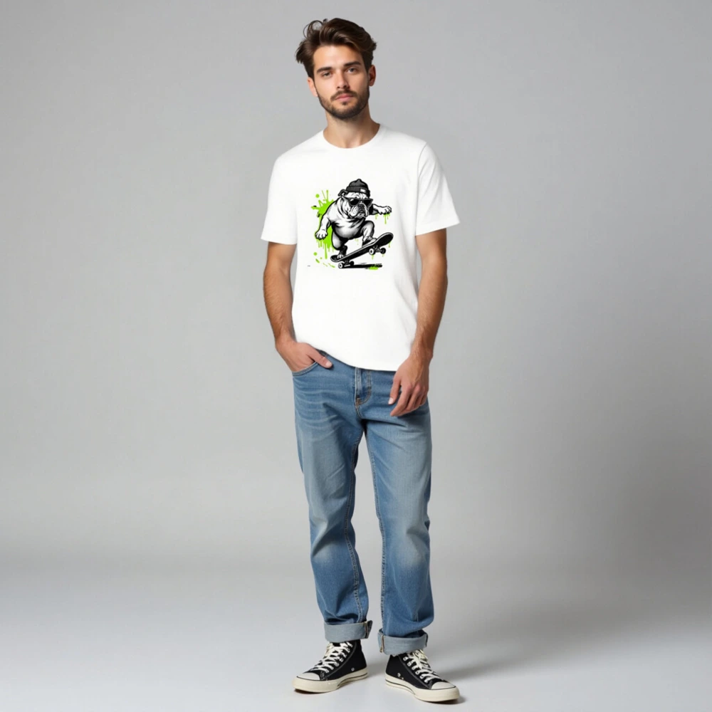Unisex Staple T-Shirt | Bulldog Skateboarder Graphic Tee - Bold Green Splatter Design - Image 3