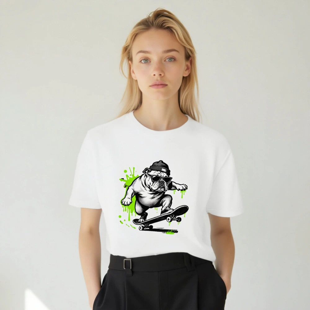 Unisex Staple T-Shirt | Bulldog Skateboarder Graphic Tee - Bold Green Splatter Design - Image 4