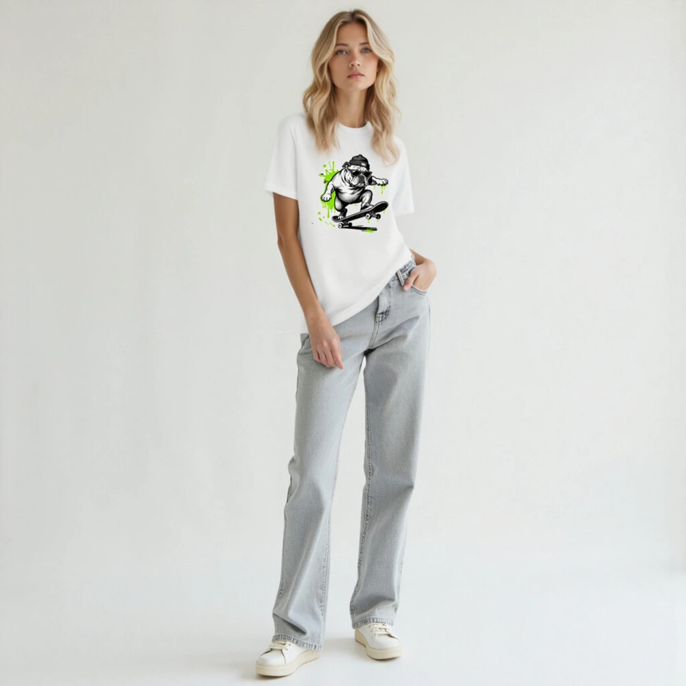 Unisex Staple T-Shirt | Bulldog Skateboarder Graphic Tee - Bold Green Splatter Design - Image 6