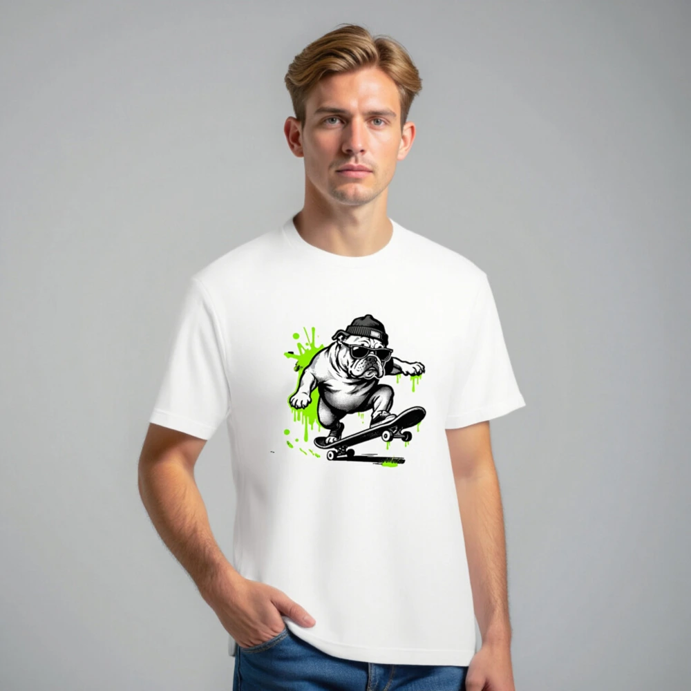 Unisex Staple T-Shirt | Bulldog Skateboarder Graphic Tee - Bold Green Splatter Design - Image 7