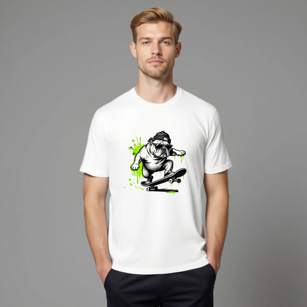 Unisex Staple T-Shirt | Bulldog Skateboarder Graphic Tee - Bold Green Splatter Design - Image 8