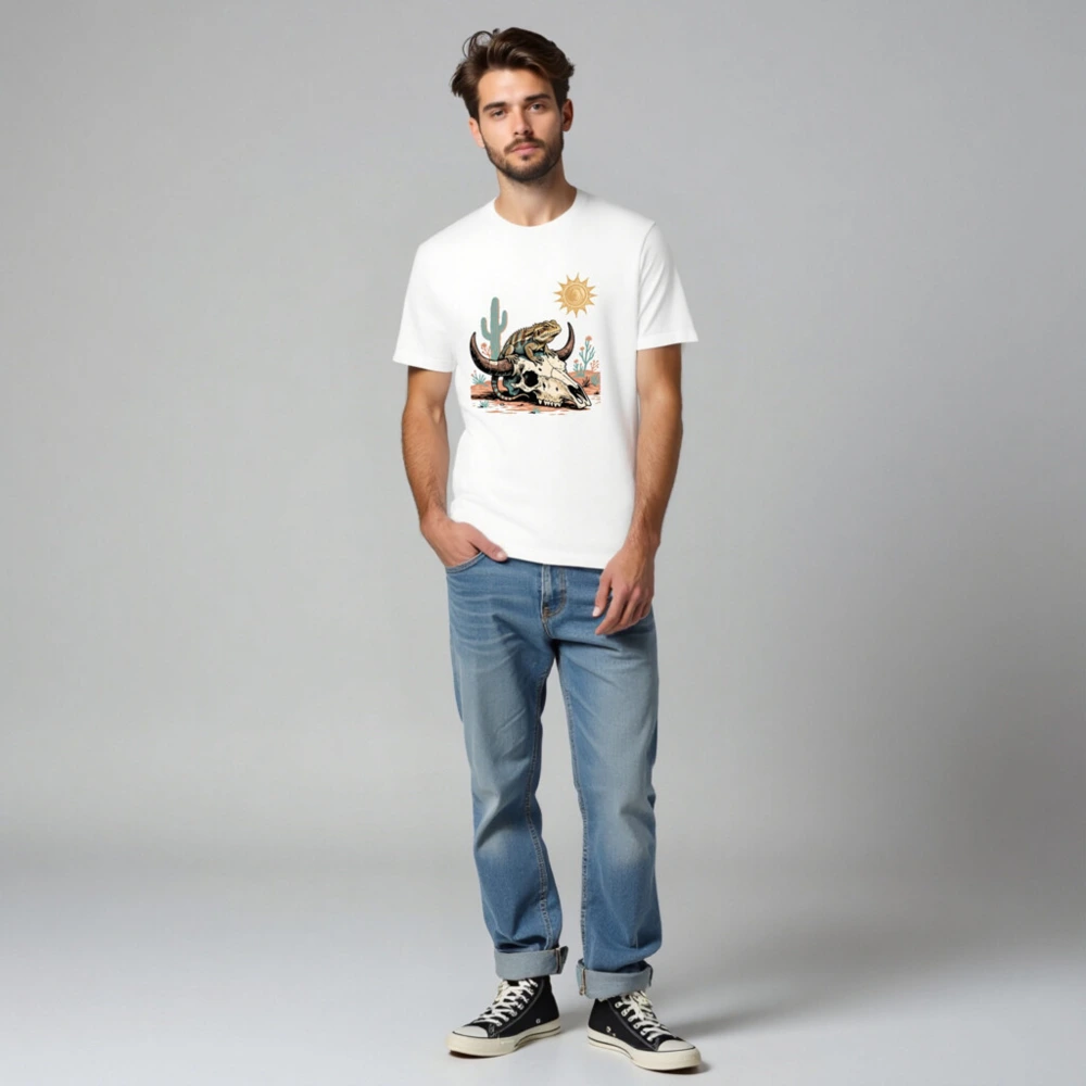 Desert Lizard & Bull Skull Unisex T-Shirt | Premium Cotton Staple Tee - Image 3