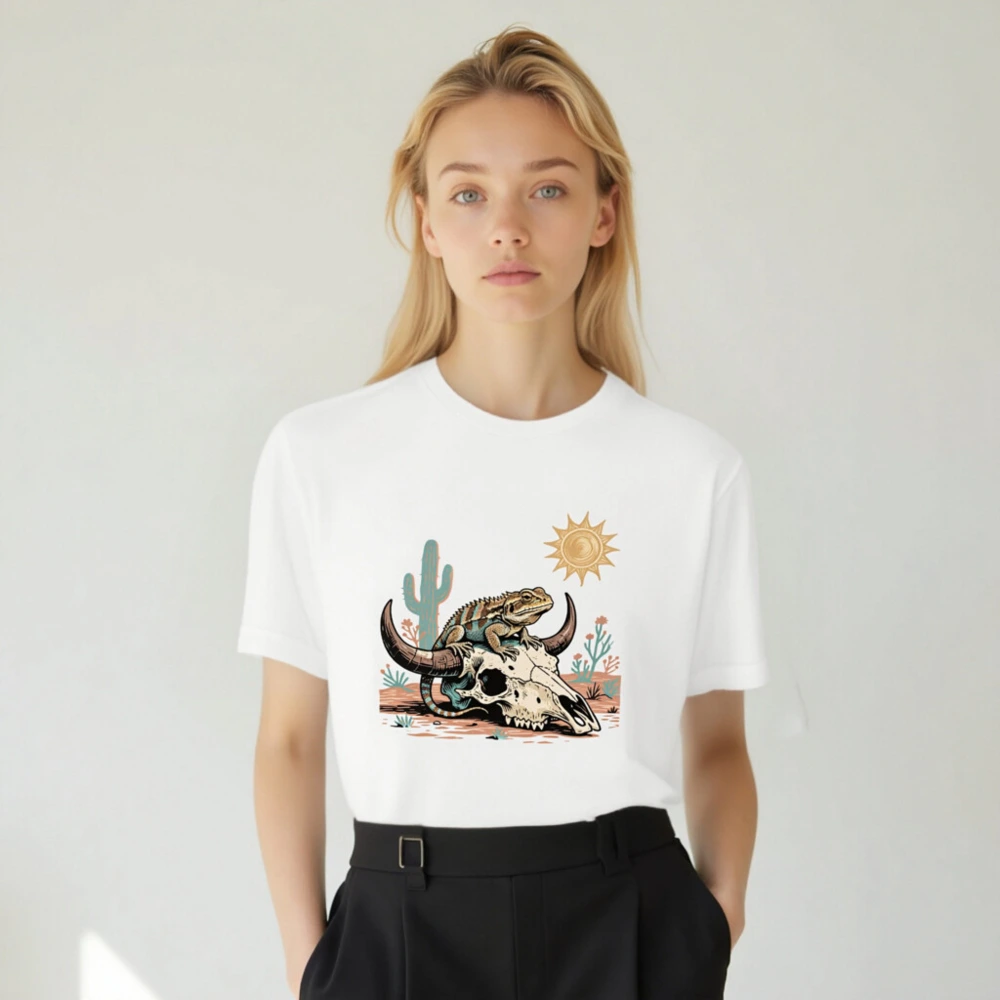 Desert Lizard & Bull Skull Unisex T-Shirt | Premium Cotton Staple Tee - Image 4