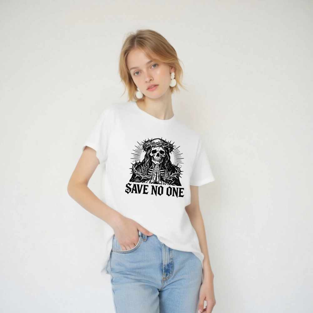 Unisex Staple T-Shirt - Save No One Skull with Crown of Thorns Design - Image 2