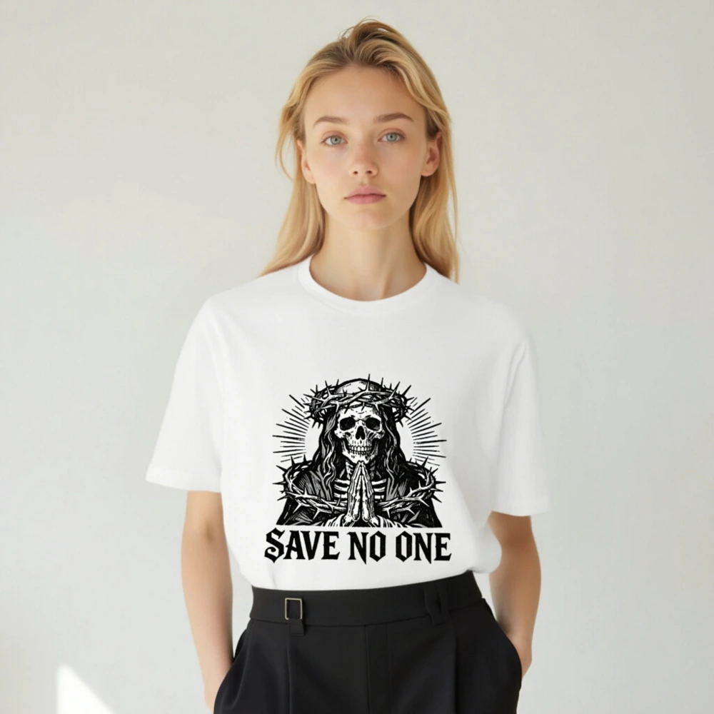 Unisex Staple T-Shirt - Save No One Skull with Crown of Thorns Design - Image 4