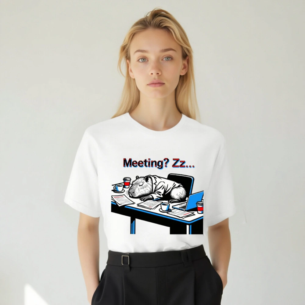 Unisex Staple T-Shirt: Meeting? Zz... Capybara Sleeping at Desk, Office Humor Tee - Image 4