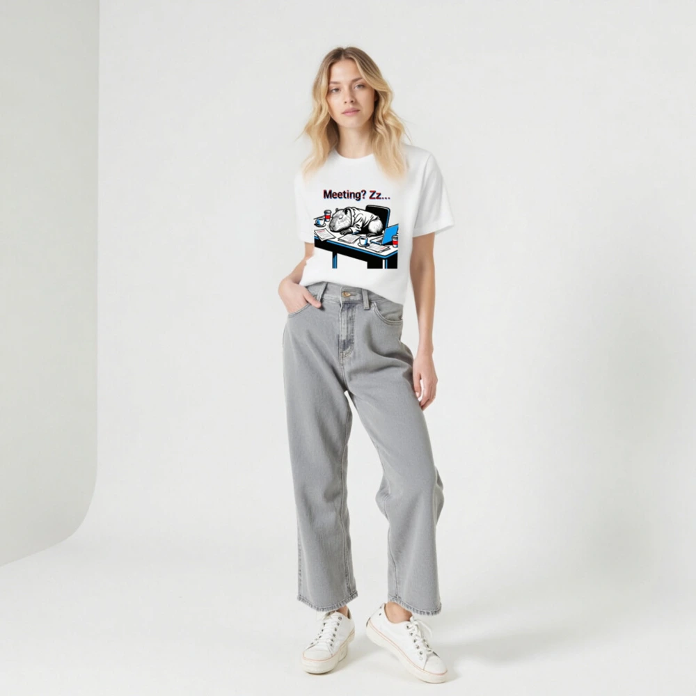 Unisex Staple T-Shirt: Meeting? Zz... Capybara Sleeping at Desk, Office Humor Tee - Image 5