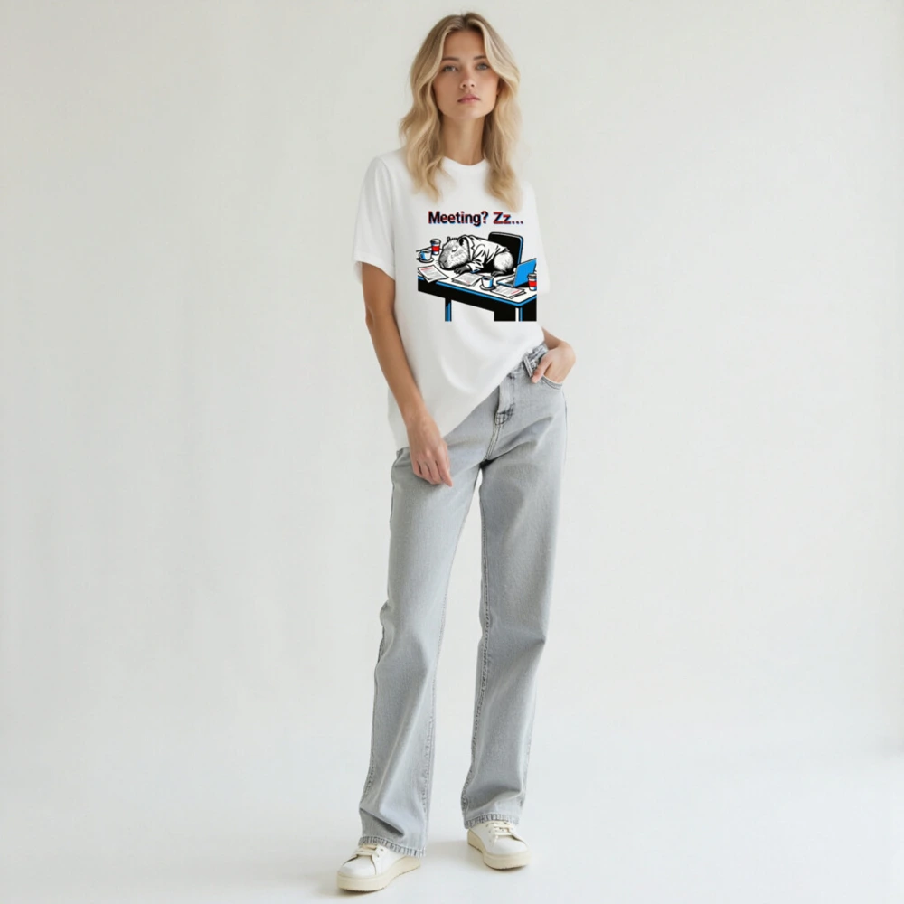 Unisex Staple T-Shirt: Meeting? Zz... Capybara Sleeping at Desk, Office Humor Tee - Image 6