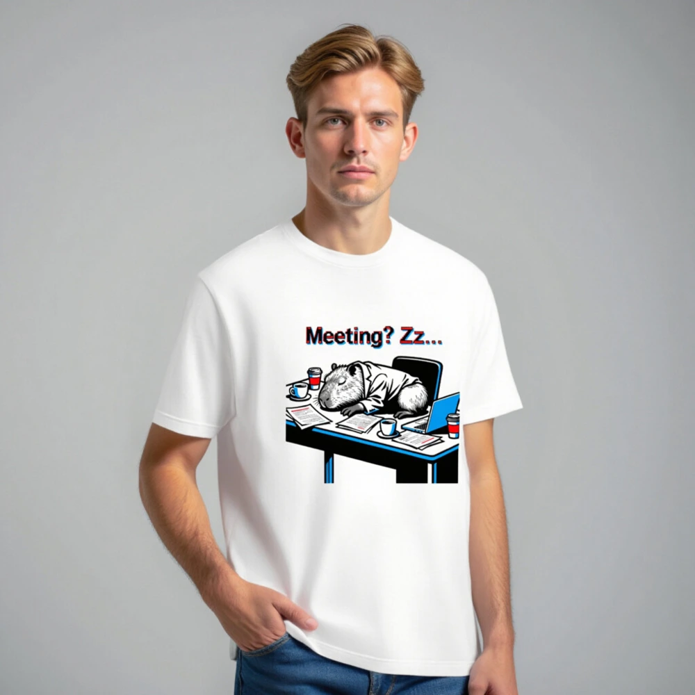 Unisex Staple T-Shirt: Meeting? Zz... Capybara Sleeping at Desk, Office Humor Tee - Image 7