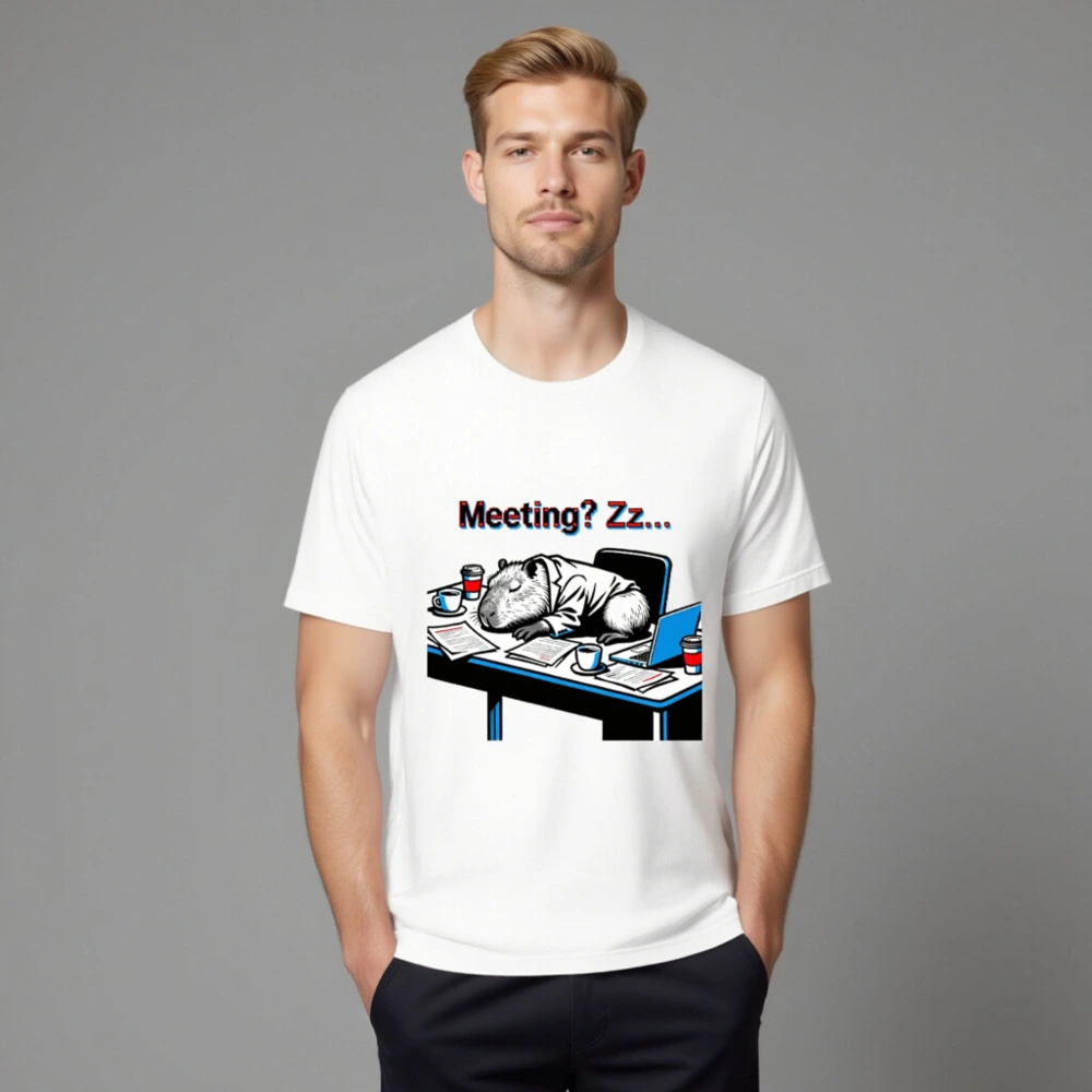 Unisex Staple T-Shirt: Meeting? Zz... Capybara Sleeping at Desk, Office Humor Tee - Image 8