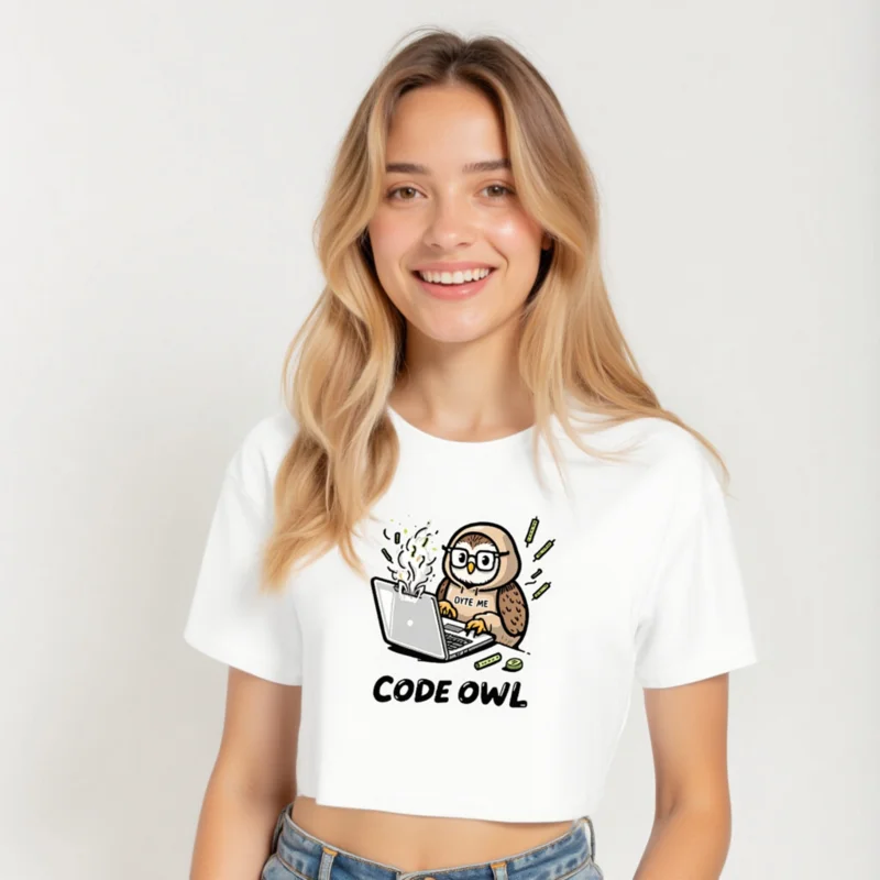 Code Owl Women's Crop Top - Cute Coding Owl Graphic Tee, Byte Me Design - Image 6