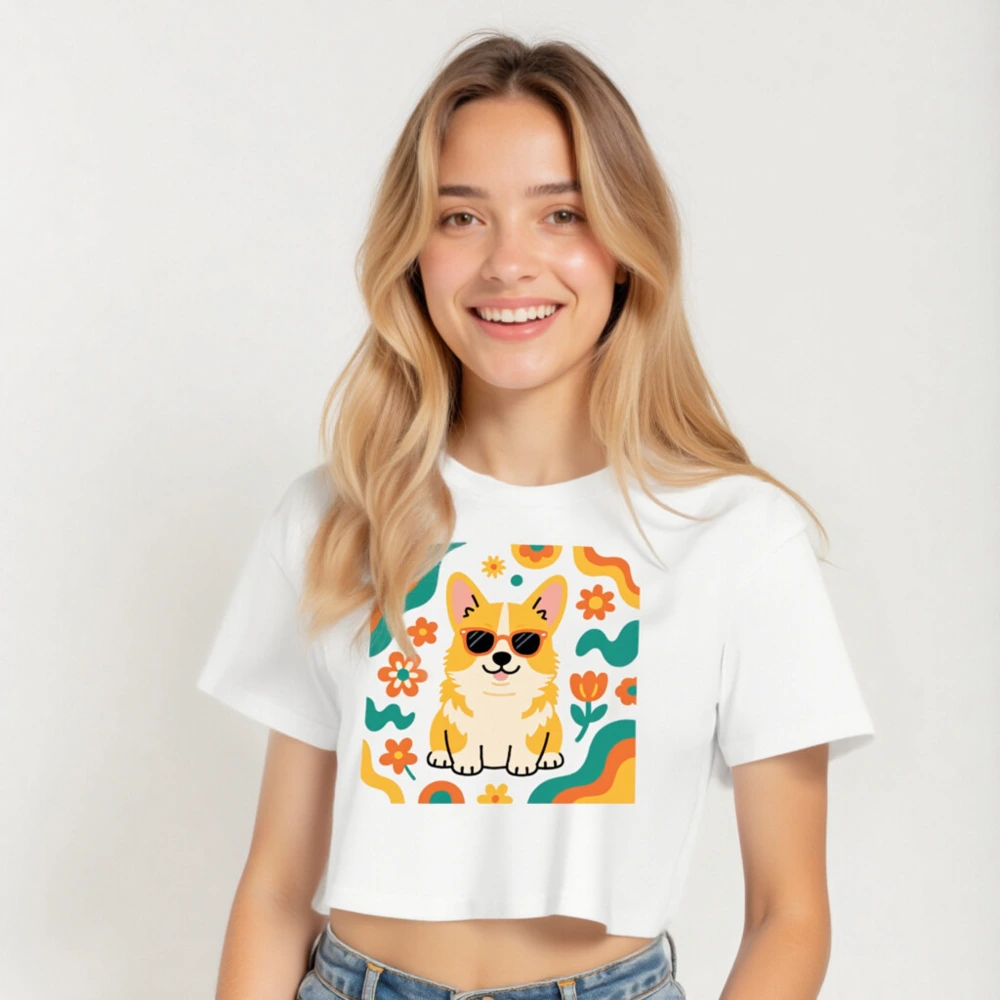 Women's Crop Top with Corgi Sunnies & Floral Pattern - Short Sleeve T-Shirt - Image 5