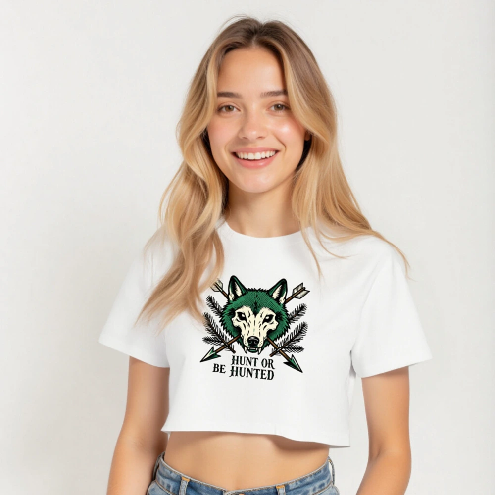 Women's Green Wolf Crop Top - Hunt or Be Hunted, Arrows & Pine Design - Image 5