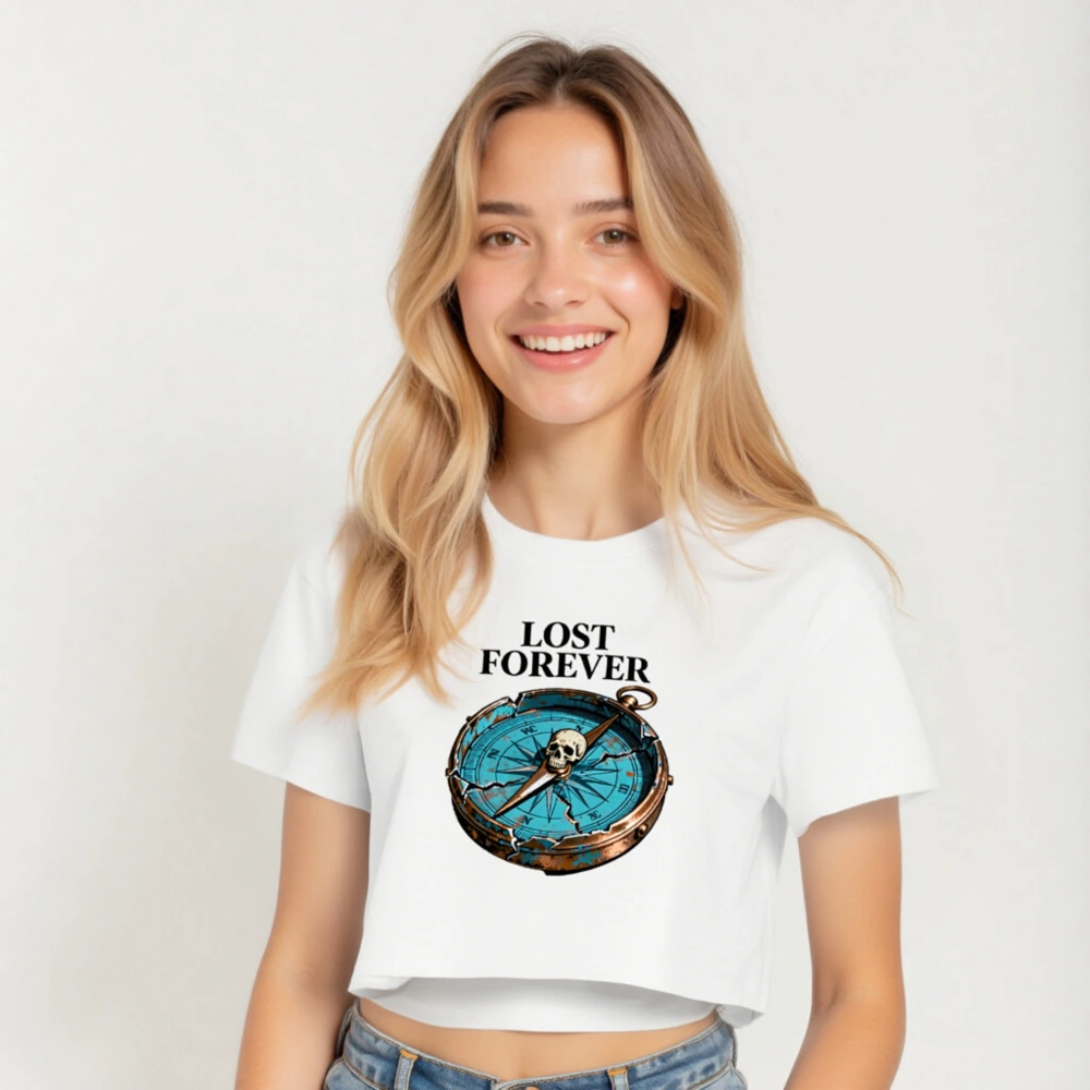 Lost Forever Women's Crop Top - Vintage Compass Skull Graphic Tee - Image 5