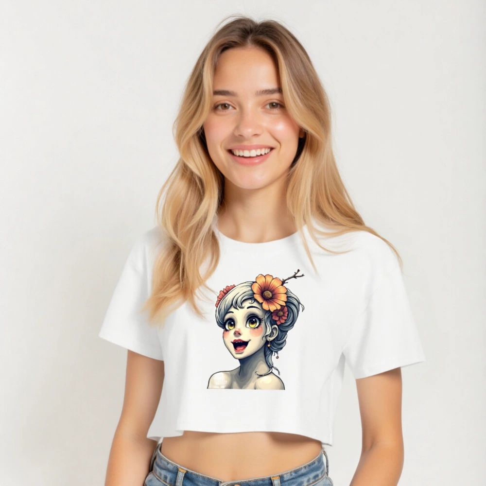 Women's Crop Top with Floral Girl Illustration - Short Sleeve, Comfort Fit - Image 5