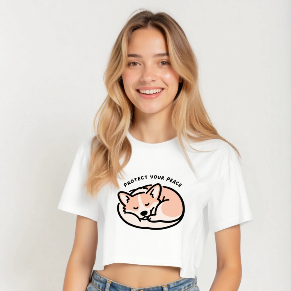 Women's Crop Top with Sleeping Corgi Design | Protect Your Peace - Image 5