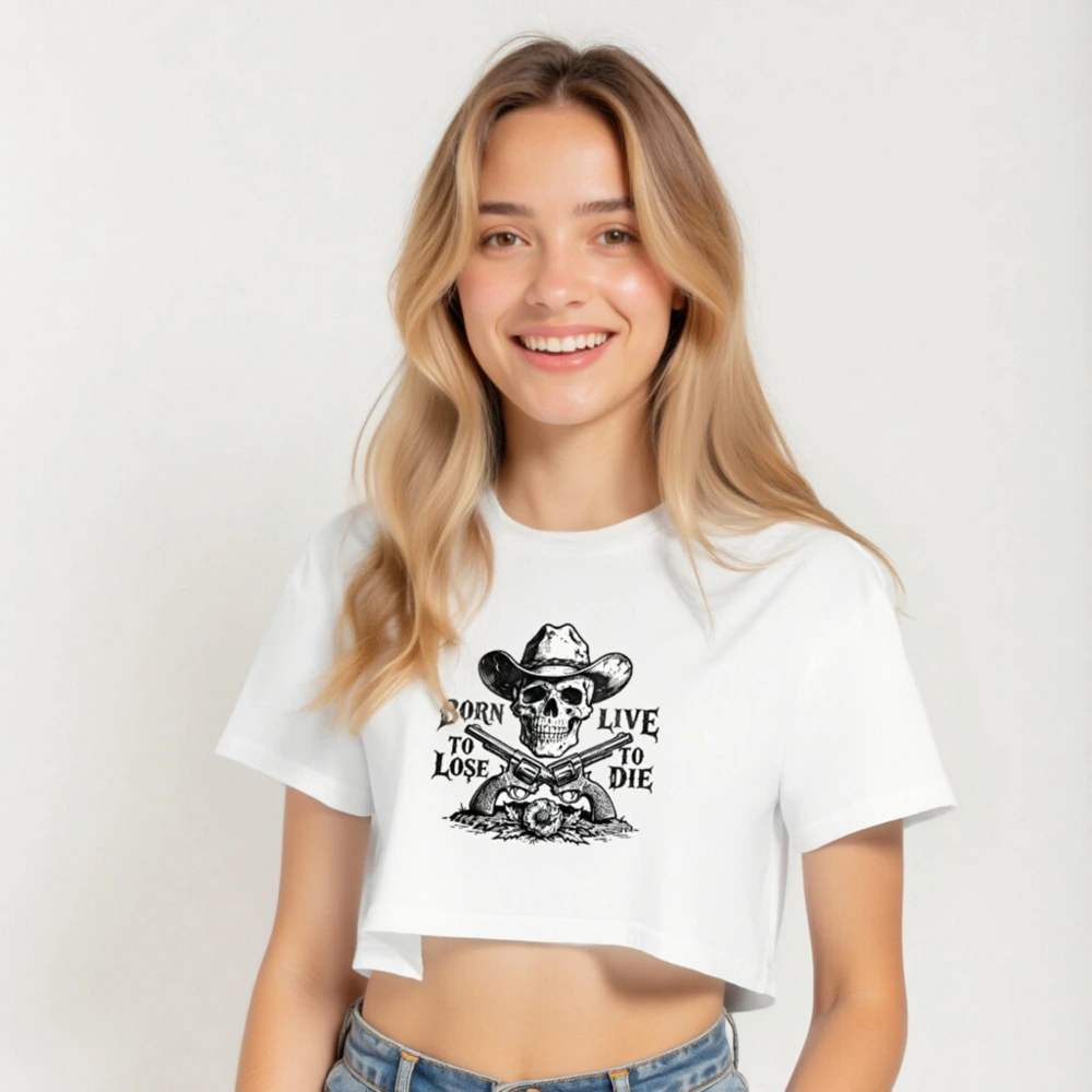 Women's Crop Top - Cowboy Skull & Revolvers Graphic Tee, Born to Lose, Live to Die - Image 5