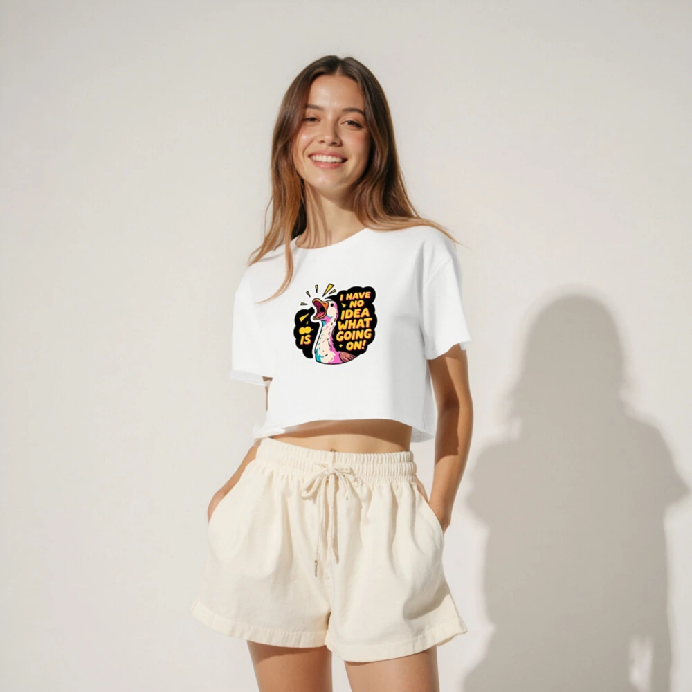 Women's Crop Top with Funny Duck Graphic - 'I Have No Idea What's Going On!' - Image 4