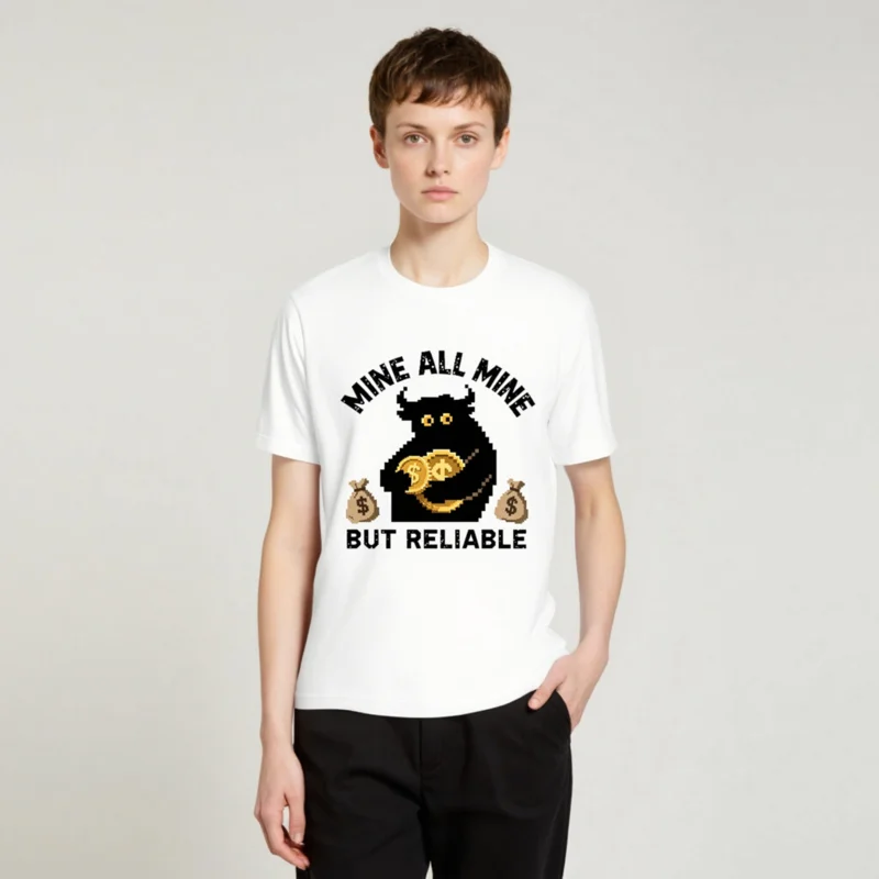 Mine All Mine But Reliable Unisex T-Shirt - Pixel Bull with Coins & Bags - Image 3