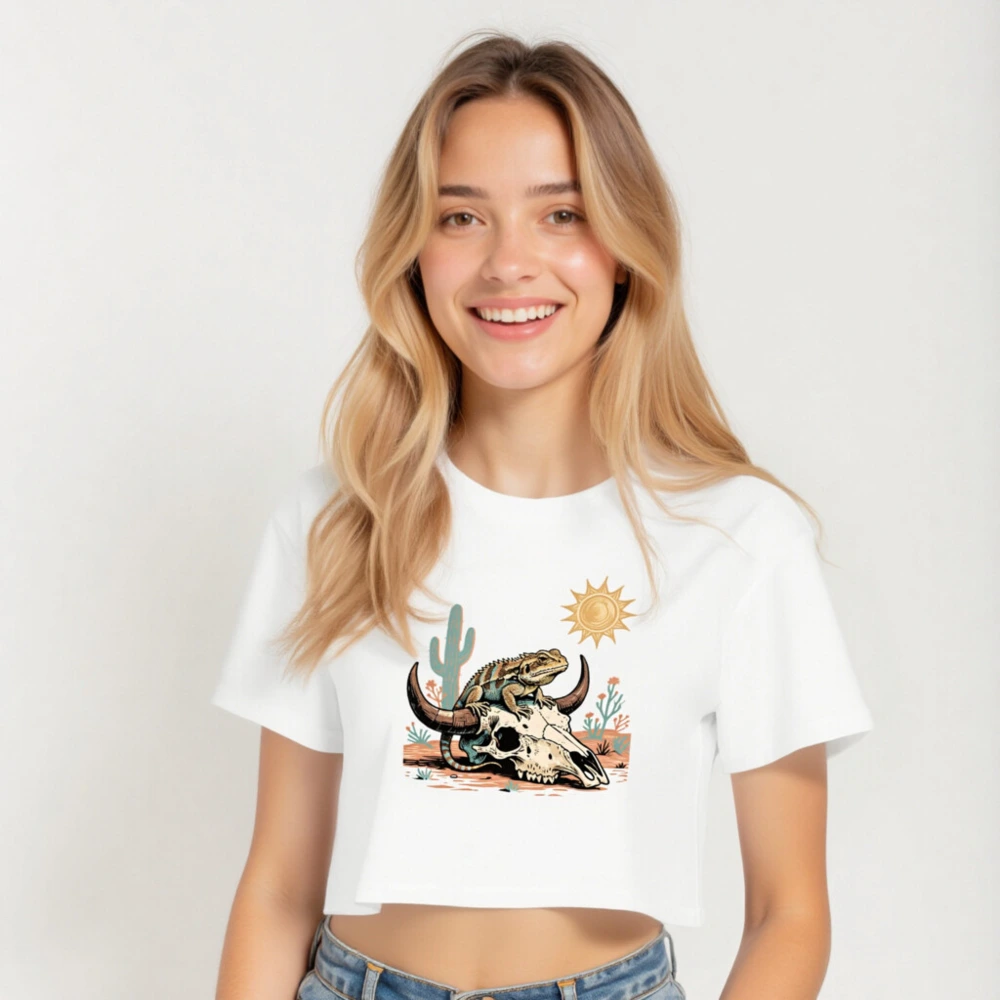 Women's Crop Top with Desert Lizard & Skull Graphic - Short Sleeve Casual Tee - Image 5