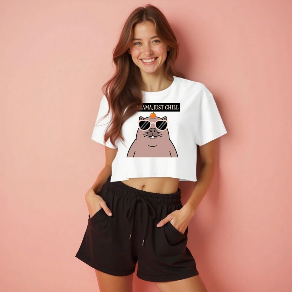 Women's Crop Top - No Drama, Just Chill Beaver Graphic Tee - Image 2